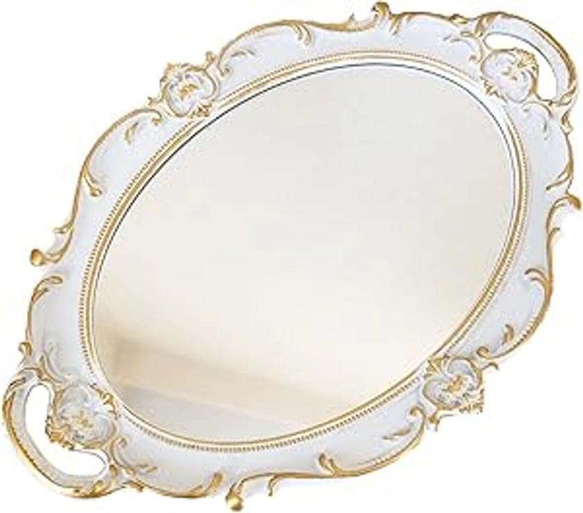 Amazon.com: Schones Geschaft Decorative Mirror Tray, Makeup Jewelry Perfume Organizer, Vintage Oval Display and Serving Tray for Bedroom Living-Room Dresser Decor (14.6”x 9.8”) (White - Oval) : Home & Kitchen