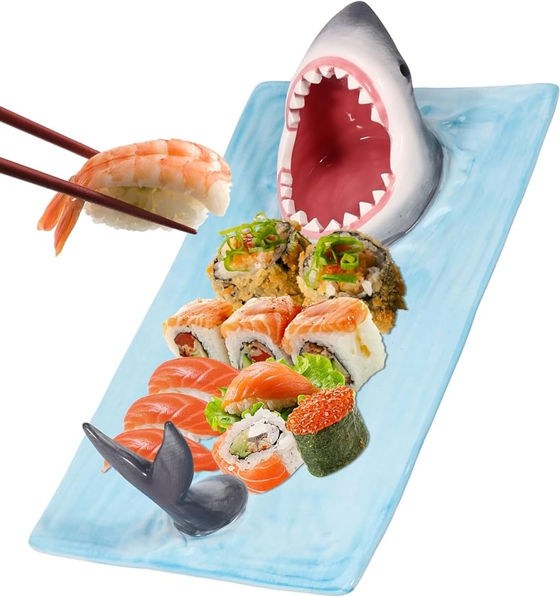 Alongen Sushi Serving Plate, Ceramic Sushi Plate Shark Shape Porcelain Sushi Platter Japanese Style Porcelain Food Platter Artistic Food Serving Trays with Soy Sauce Holder