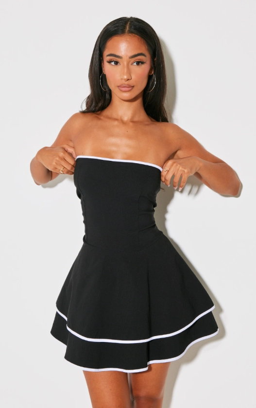 Petite Black Stretch Contrast Tiered Shift Dress