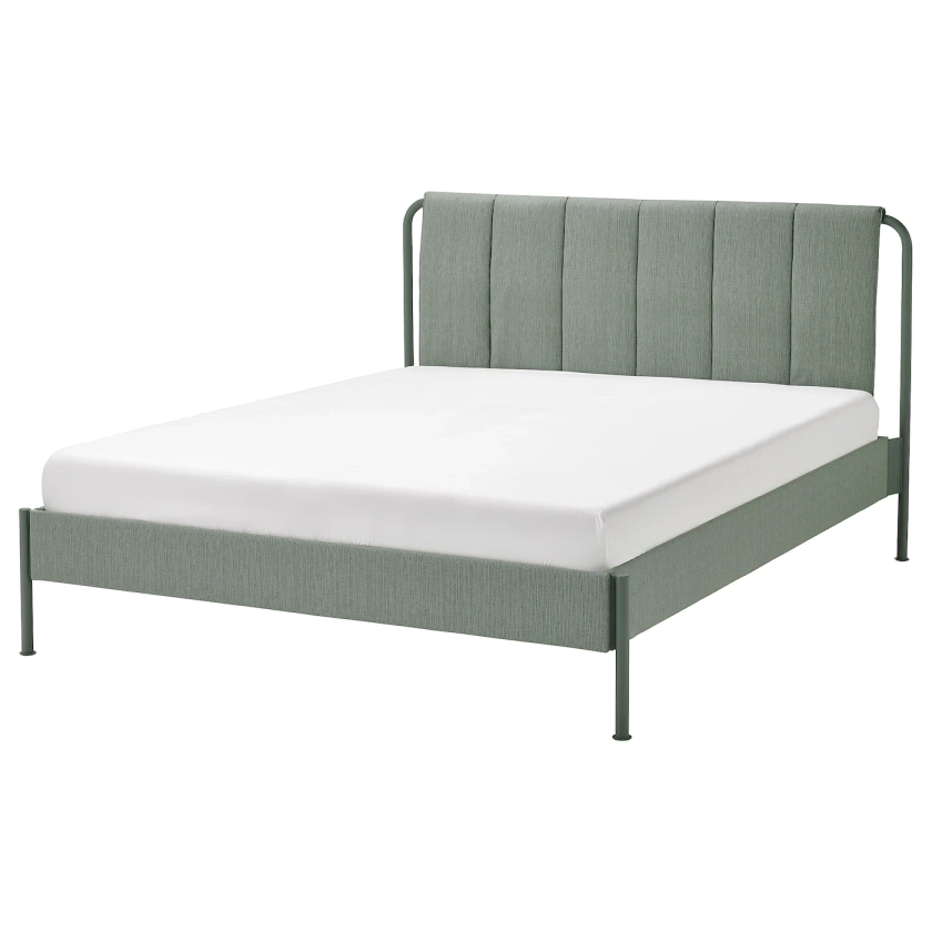 TÄLLÅSEN Upholstered bed frame, Kulsta gray-green/Lönset, Queen - IKEA