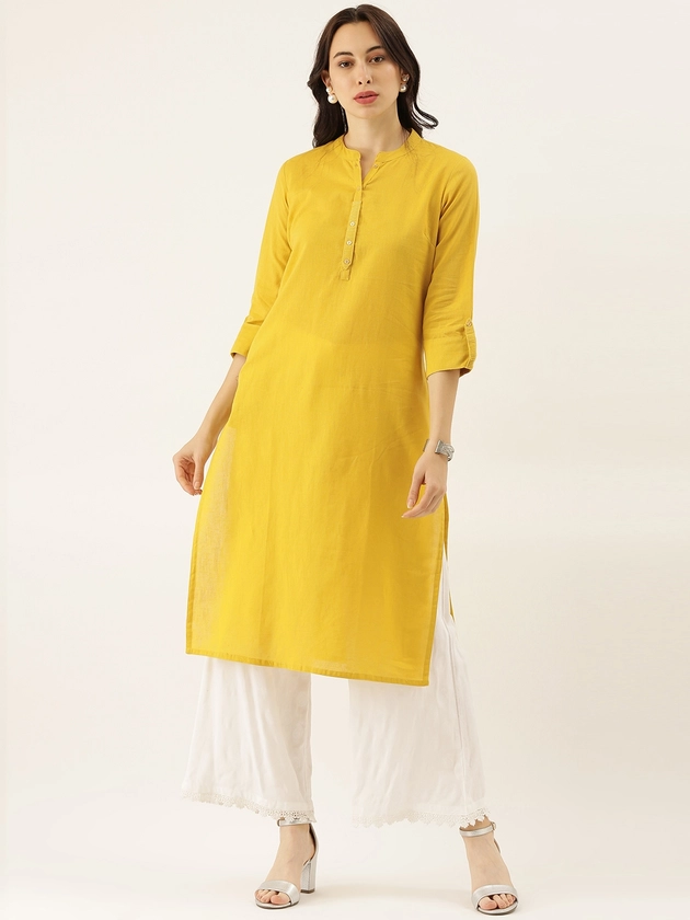 Divena Women Yellow Mandarin Collar Roll-Up Sleeve Kurta