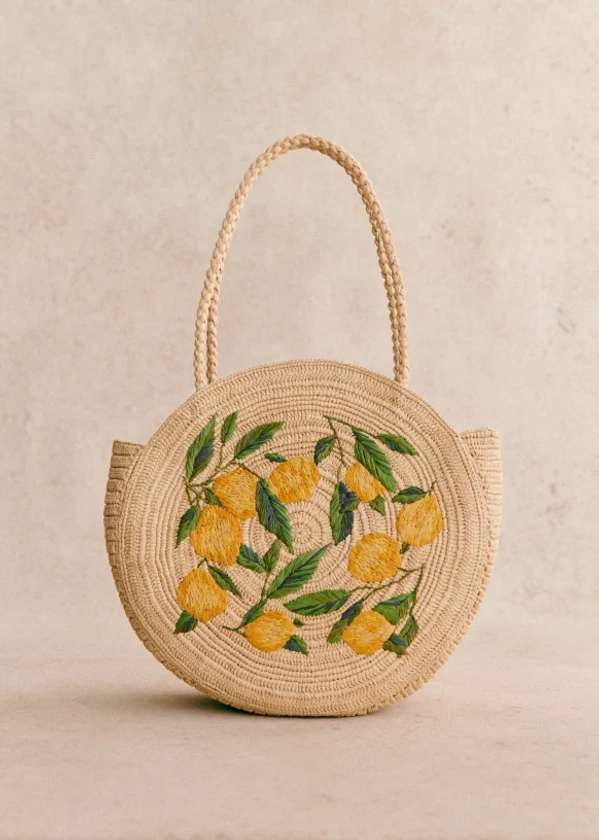 June Basket - Raffia embroidered with lemons - Raffia - Sézane