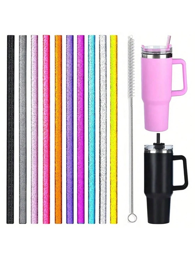 12 pouces Paille en plastique réutilisable colorée et scintillante, pailles à boire faciles à nettoyer pour tasses Yeti 40oz 30oz 20oz - Inclut 10 pailles et 1 brosse de nettoyage, fournitures de fête de mariage