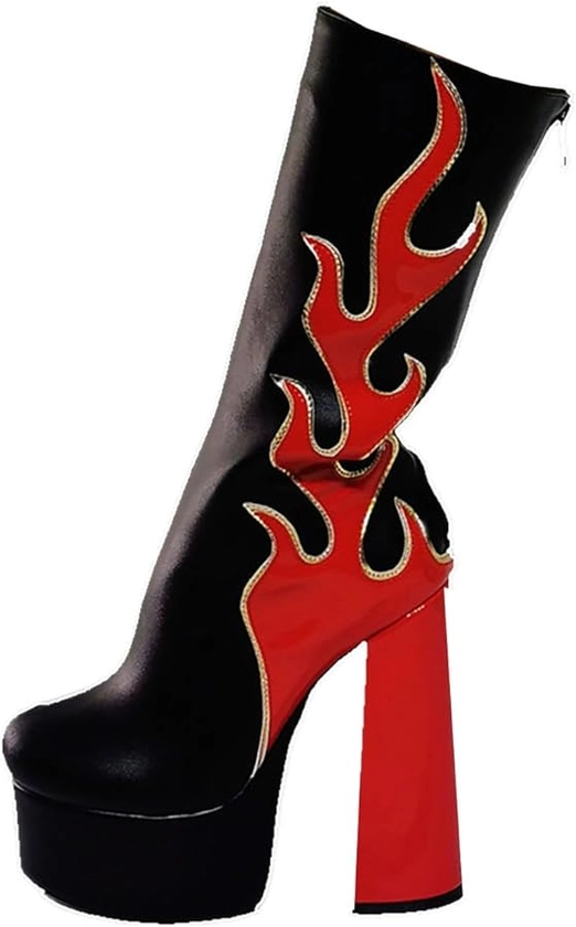 WEALTHY73 Women's Platform Knee High Gogo Boots Chunky Gothic Flame Pattern Side Zipper Pump Heel Boot for Halloween
