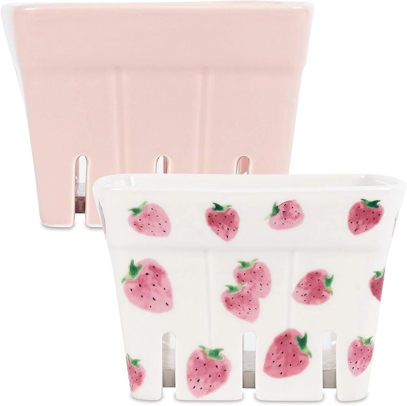 Lillian Vernon Ceramic Farmhouse Berry Baskets, Fruit or Veggie Holders, Pink, Strawberries, Home & Kitchen Décor