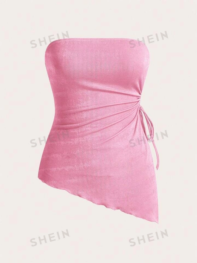 SHEIN EZwear Side Drawstring Strapless Gathering At Waist Hem Asymmetrical Top | SHEIN USA