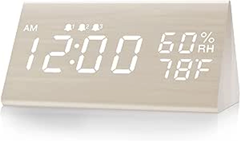 JALL Digital Alarm Clock, with Wooden Electronic LED Time Display, 3 Alarm Settings, Humidity & Temperature Detect, Wood Made Electric Clocks for Bedroom, Bedside, Desk, White