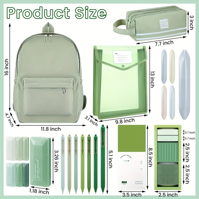 Green Aesthetic Backpack Stationery Set   School - Temu