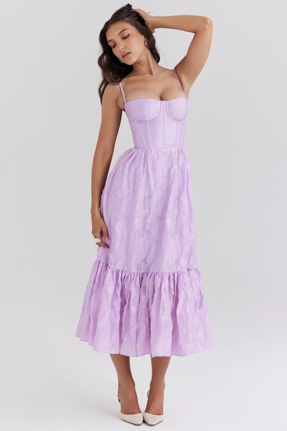 Clothing: Maxi Dresses: 'Mira' Lilac Floral Jacquard Tiered Midi Dress