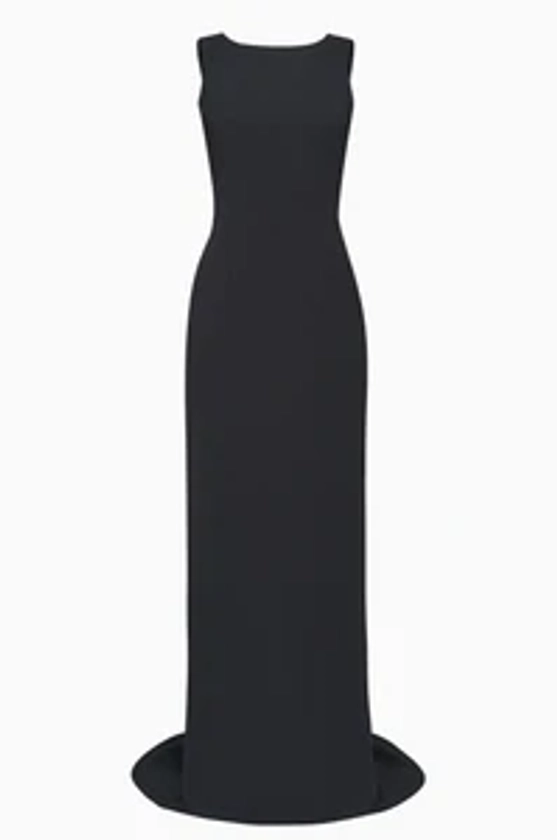 Sleeveless Black stretch crepe gown with open back and bow detail