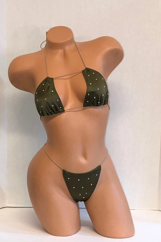 EXOTIC DANCEWEAR Olive Green Tri top with matching thong