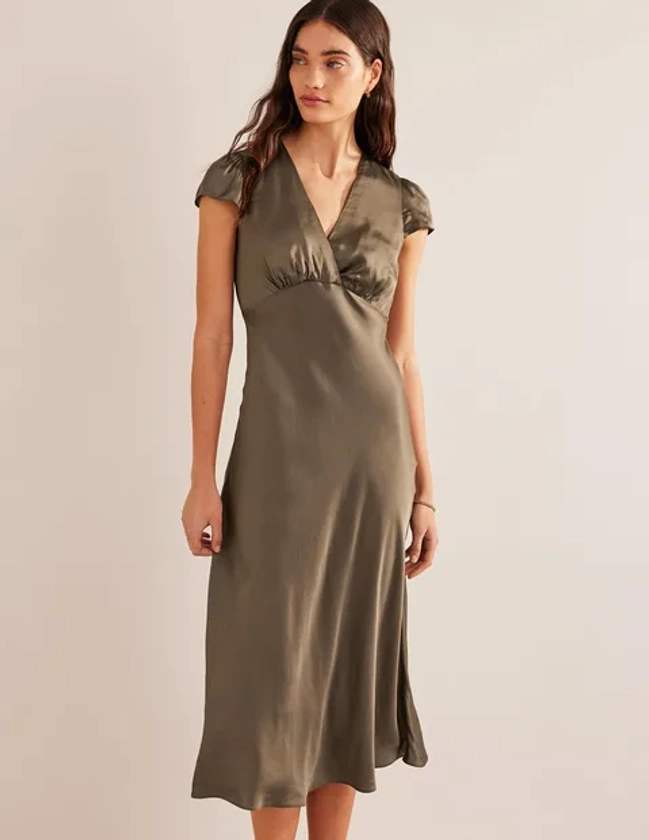 Satin Empire Midi Tea Dress - Khaki | Boden US