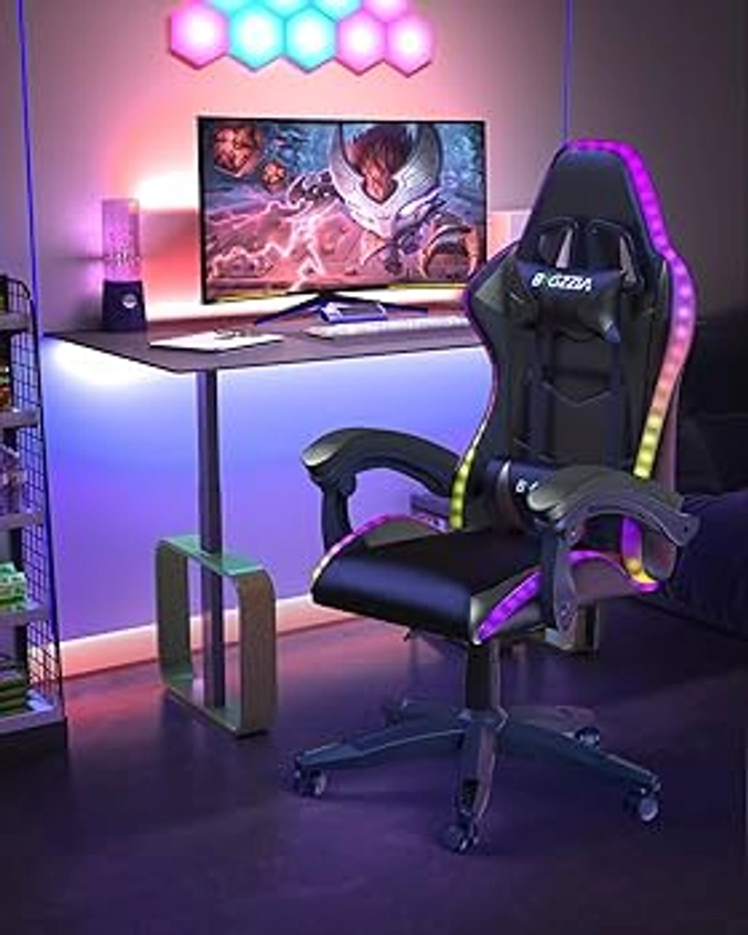 bigzzia Ergonomique Chaise Gaming avec éclairage LED Effets, Dossier Hauteur Réglable, Fauteuil Gaming LED avec Lombaire&Appui-Tête Appui, Chaise de Bureau Adultes Enfants (avec LED Effets, Noir)