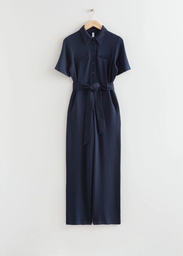 Belted Short Sleeve Jumpsuit - Dark Blue - Jumpsuits & Playsuits - & Other Stories US