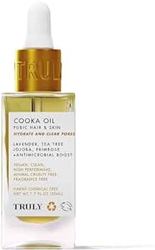 Truly Beauty Cooka Oil - Pubic Hair and Skin Softening Oil - Hydrating and Pore Clearing Formula - Cooling After Shave Treatment for Bikini Area - 1.7 OZ