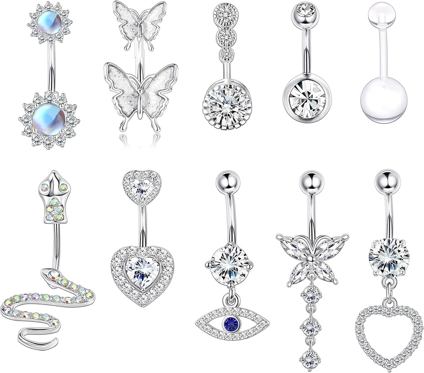 MILACOLATO 14G Belly Bar Belly Button Ring Kit 316L Surgical Steel Dangly Belly Button Piercing Jewellery Long Chain CZ Moonstone Snake Heart Butterfly Belly Bar Pack Silver Gold 10Pcs