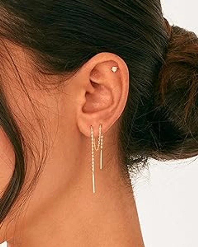 PAVOI 14K Gold Plated 925 Sterling Silver Post Threader Earrings for Women | Minimalist Gold Chain Earrings Double Piercings | Dangle Twist Wavy Earrings