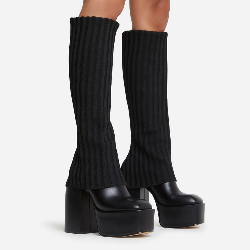 Leila Layered Knit Detail Square Toe Platform Block Heel Calf Boot In Black Faux Leather