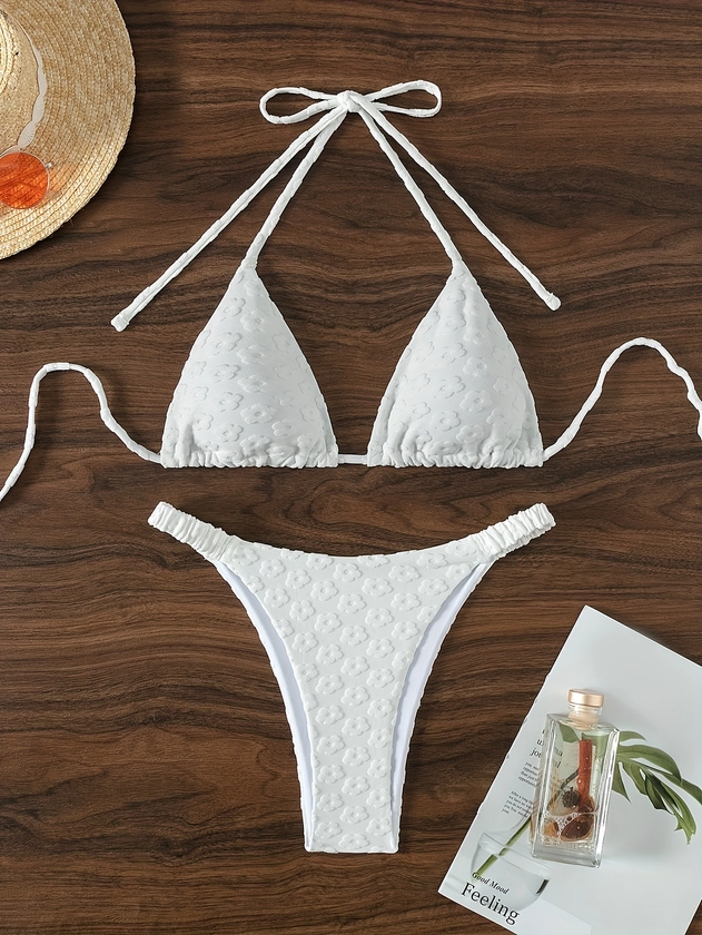Plain White Flower Textured Fabric 2 Piece Set Bikini, Halter Triangle Tie Strap Swimsuits, Women's Swimwear & Clothing