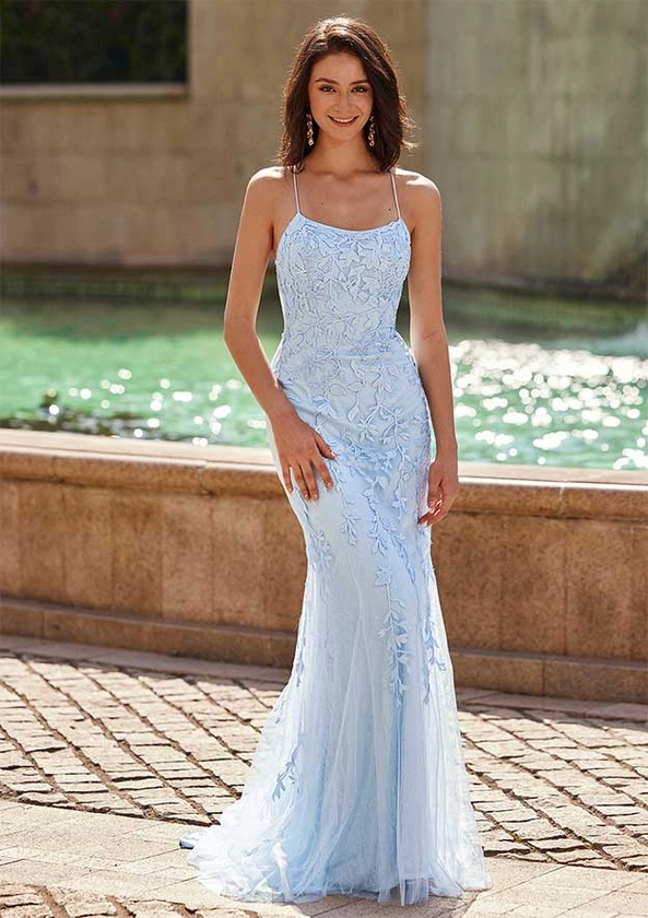 Trumpet/Mermaid Tulle Prom Dress Square Neckline Court Train with Appliqued Beading