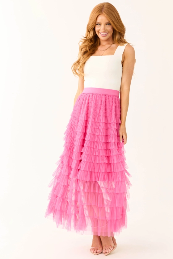 Magenta Ruffle Tulle Elastic Maxi Skirt