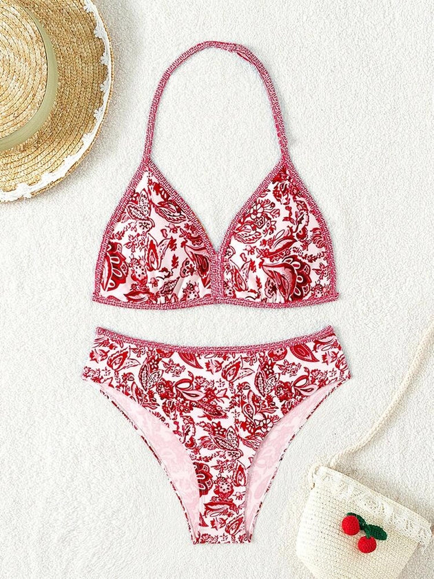 Teen Girls Paisley Print Halter Triangle Bikini Set Summer Beach