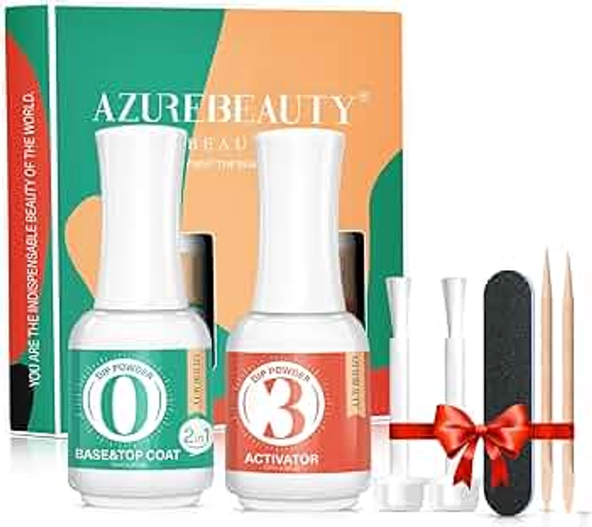 AZUREBEAUTY 2 in 1 Dip Powder Base & Top Coat with Activator Dip Powder Liquid Set for Dipping Powder Nail Kit,0.5oz/Bottle,Fast Dry,No Nail Lamp Needed