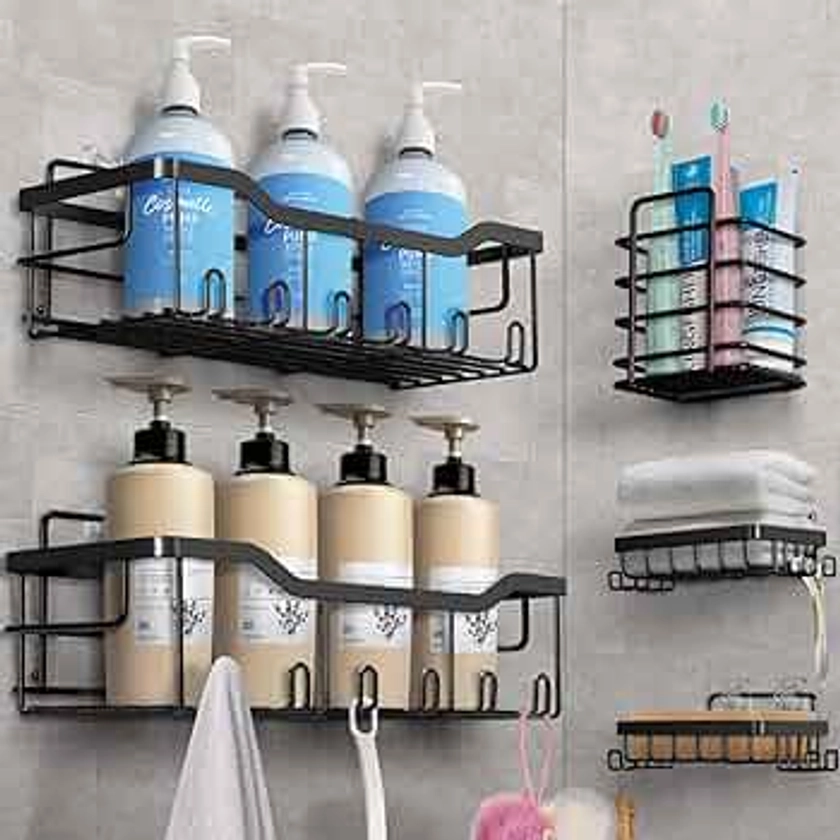 Etagère Douche sans Percage, 5 PCS Etagere Rangement, Accessoire de Salle de Bain en Acier Inoxydable 304, Rangement Douche Noir