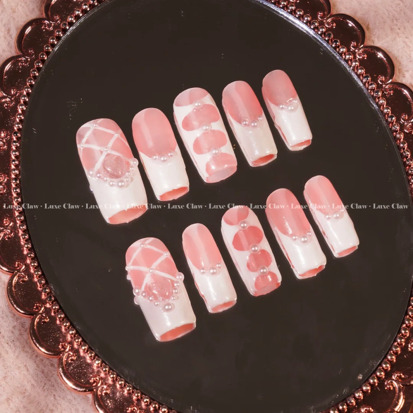 Glistening Pink Joy | Hand-Painted Art | Reusable Stick On Nails | Party & Bridal Nails | Premium Press on Nails