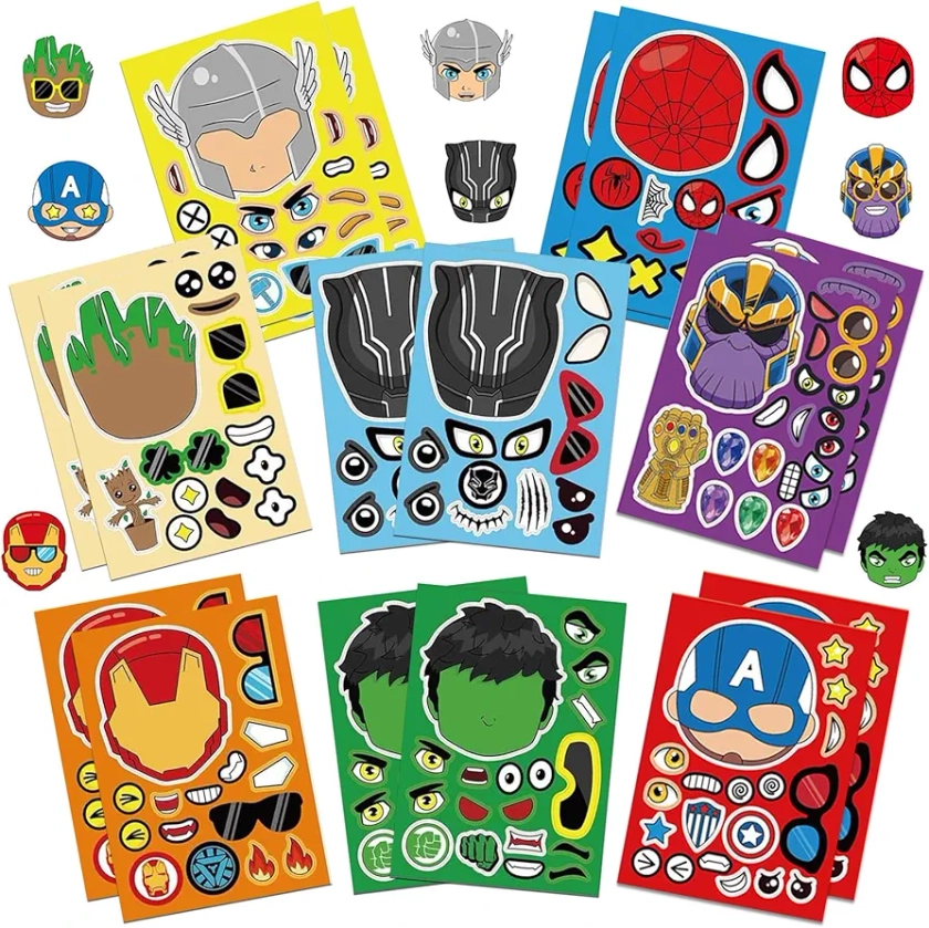 16PCS The Avengers Face Stickers for Kids,Make Your Own Mix and Match Super hero Sticker Sheets for Boys Girls Children, Super hero Party Favors, Stickers for Party Bags, Kids Party Favor Supplies