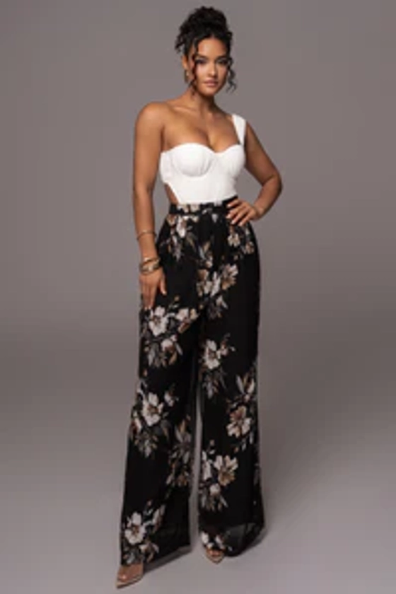 Grey Floral Josette Wide-Leg Pleated Pants