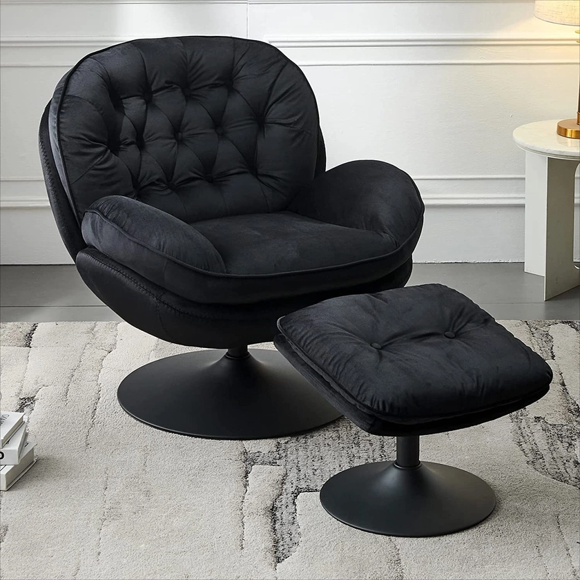 Swivel Accent Chair with Ottoman Set, Velvet Modern Lounge Chair with Metal Base Frame & Footrest, Comfy Lazy Single Leisure Chair, Reading Chair with