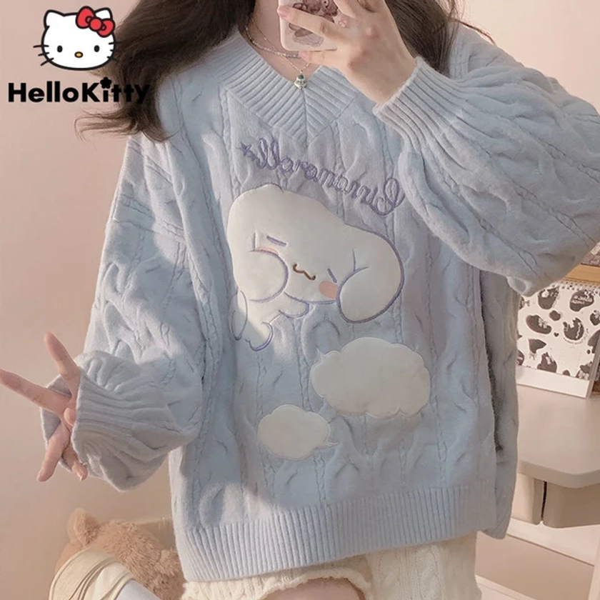 Sanrio Cinnamoroll Kawaii Top Women's Sweater Mardi Print Knit Women Sweater V-neck Women's Clothing Loose College Cute Sweet