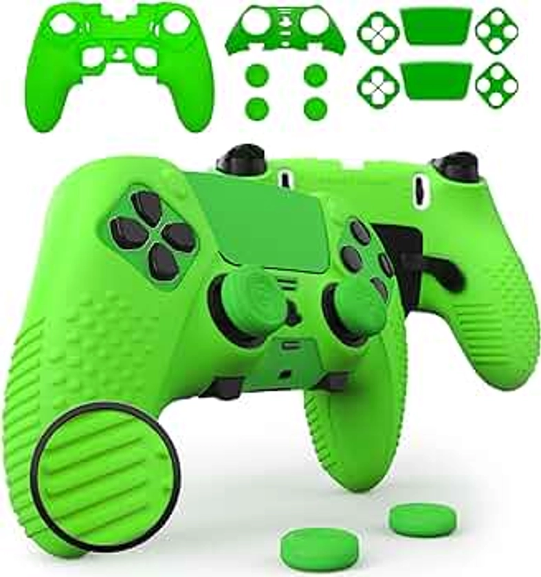 Foamy Lizard Eclipse PS5 Edge Controller Skin Combo Set | Dock Compatible, Protector Decals, Anti-Slip Soft Gel Silicone Cover, Faceplate Shell & Thumb Grips for Playstation 5 DualSense Edge (Green)