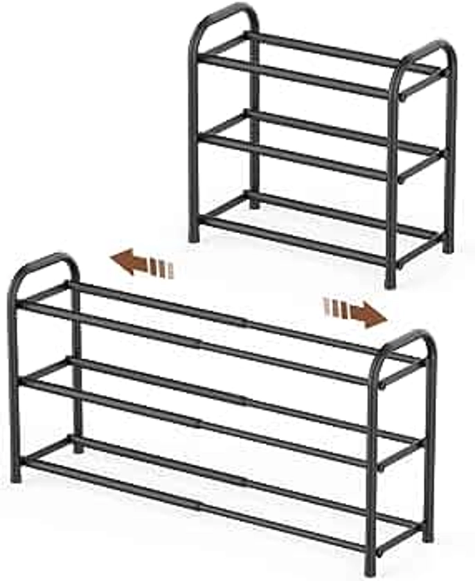 3-Tier Expandable Shoe Rack,Adjustable Shoe Shelf Storage Organizer Heavy Duty Metal Free Standing Shoe Rack for Entryway Closet Doorway (Black)