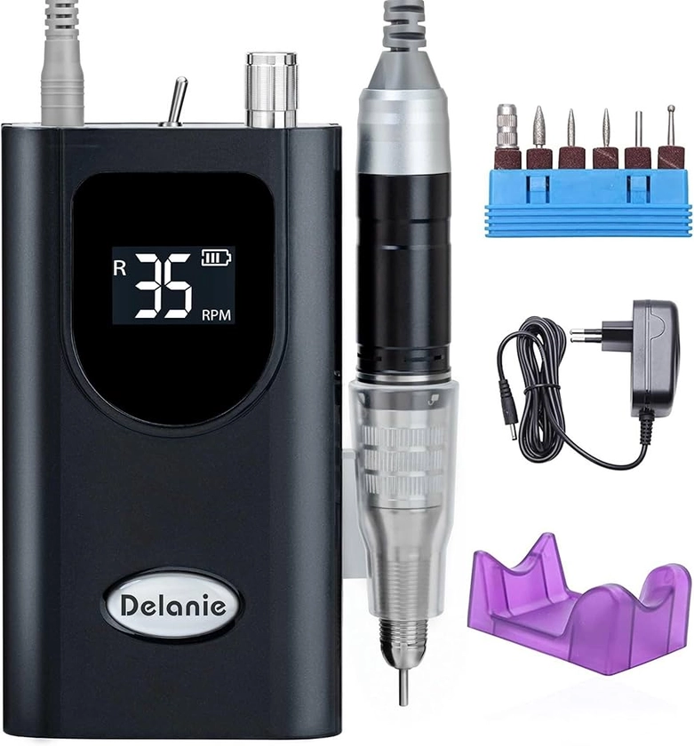 Delanie Ponceuse pour Ongles Professionnelle Electrique 35000RPM Sans Fil Portable pour Manucure Pédicure avec 6 Embouts et Affichage LCD (noir)