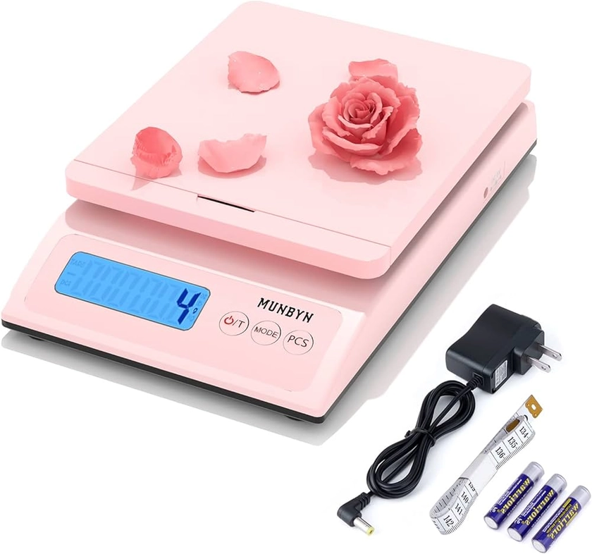 MUNBYN Shipping Scale, Accurate 30kg 66lb/0.1oz Postal Scale, with Pink Style, Hold/Tear/PCS Function, Auto-Off, Battery & AC Adapter, Back-Lit LCD Display, Digital Scale for Packages, Letters, Food … : Amazon.co.uk: Stationery & Office Supplies