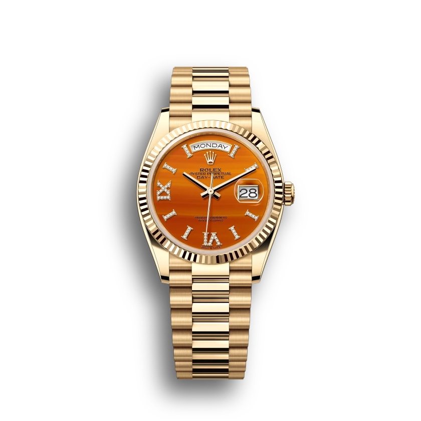 Rolex Day-Date: 36 mm, Yellow gold, carnelian, diamond-set dial, fluted bezel, President bracelet, m128238-0088