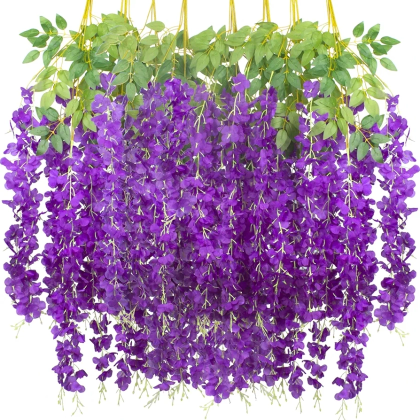 12 Pack Artificial Flowers Silk Wisteria Vine Ratta Hanging Flower (Blue)