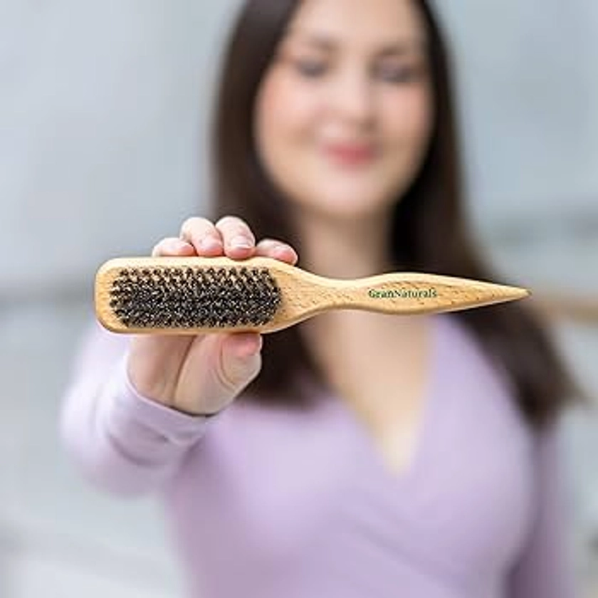 GranNaturals Boar Bristle Slick Back Hair Brush for Sleek Ponytail Bun & Smoothing Baby Hairs, Flyaways, Edge Control - Backcombing & Teasing Hairbrush with Wide Rat Tail for Sectioning & Parting