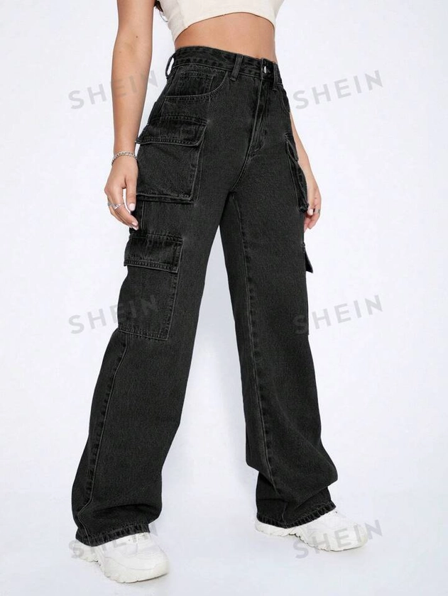 SHEIN EZwear Y2k Black High Waist Flap Pocket Cargo Jeans