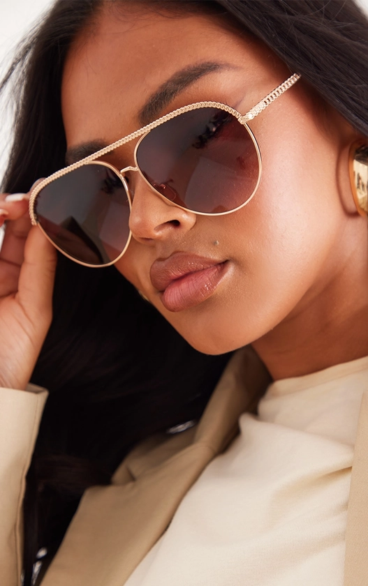 Brown Metal Textured Top Aviator Sunglasses