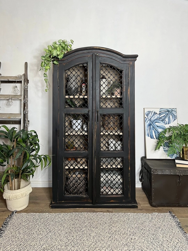 Rustic Black Solid Cupboard with Wrought Iron Doors