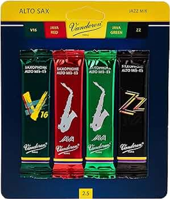 Vandoren SRMIXA25 Alto Sax Jazz Reed Mix Card includes 1 each ZZ, V16, JAVA and JAVA Red Strength 2.5