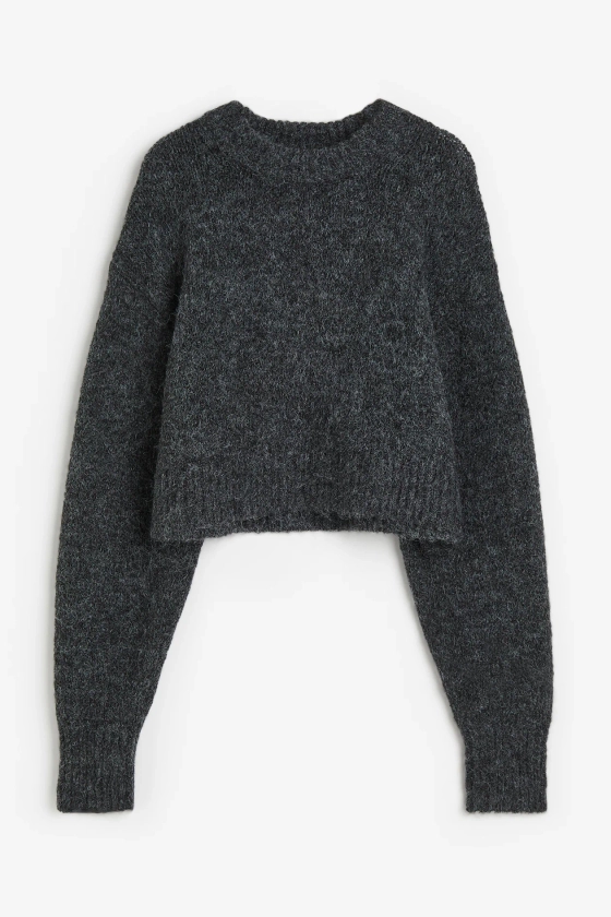 Cropped jumper - Round neck - Long sleeve - Dark grey marl - Ladies | H&M GB