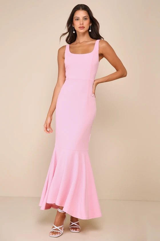 Romantic Destiny Light Pink Square Neck Trumpet Maxi Dress