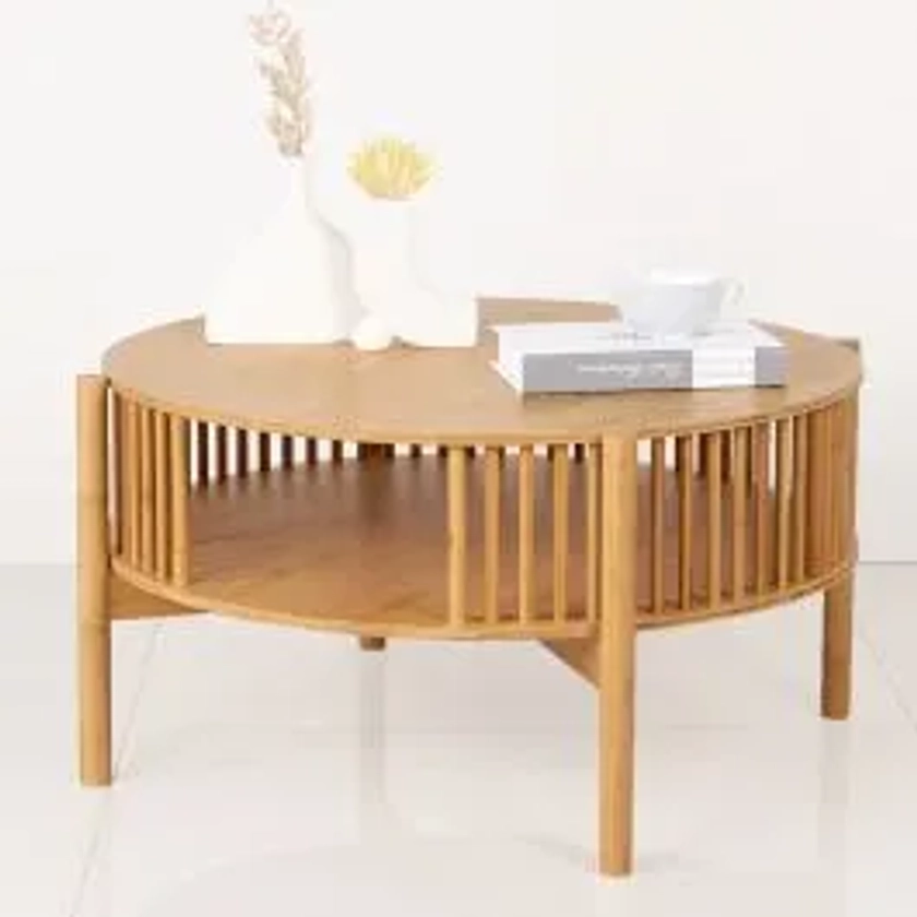 Table basse ronde en bambou Divit SR92 table d'appoint salon avec étagère DPL1