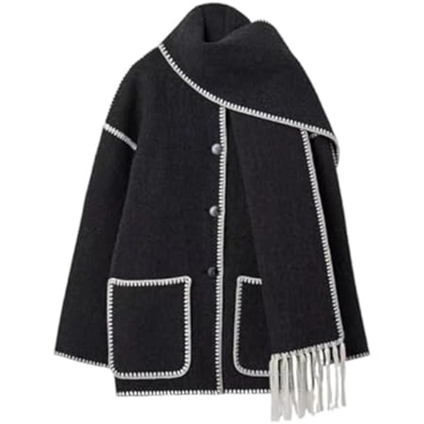 Amazon.com: utcoco Womens Winter Wool Coats Embroidered Button Down Woolen Blend Trench Coat with Tassel Scarf (Large, Black White) : Clothing, Shoes & Jewelry