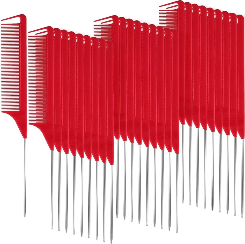 30 Pieces Parting Comb for Braids Hair Rat Tail Comb Steel Pin Rat Tail Carbon Fiber Heat Resistant Teasing Combs with Stainless Steel Pintail (Red)