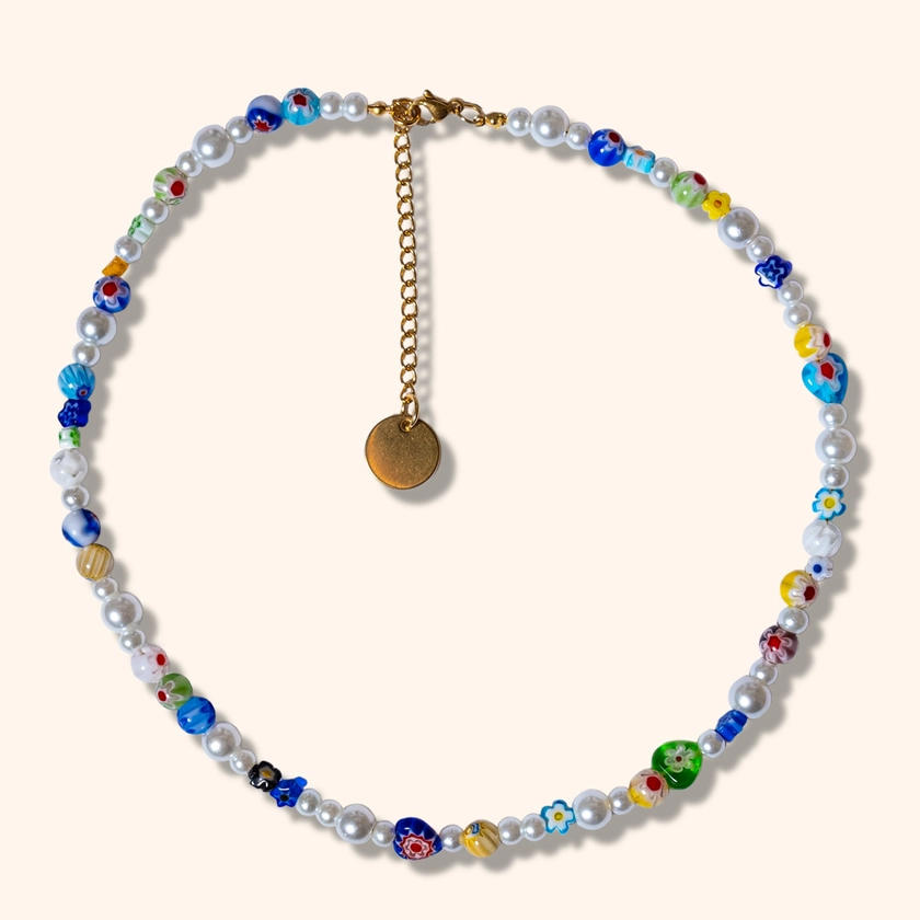 Collier perles de millefiori fleuri - Loutronsale